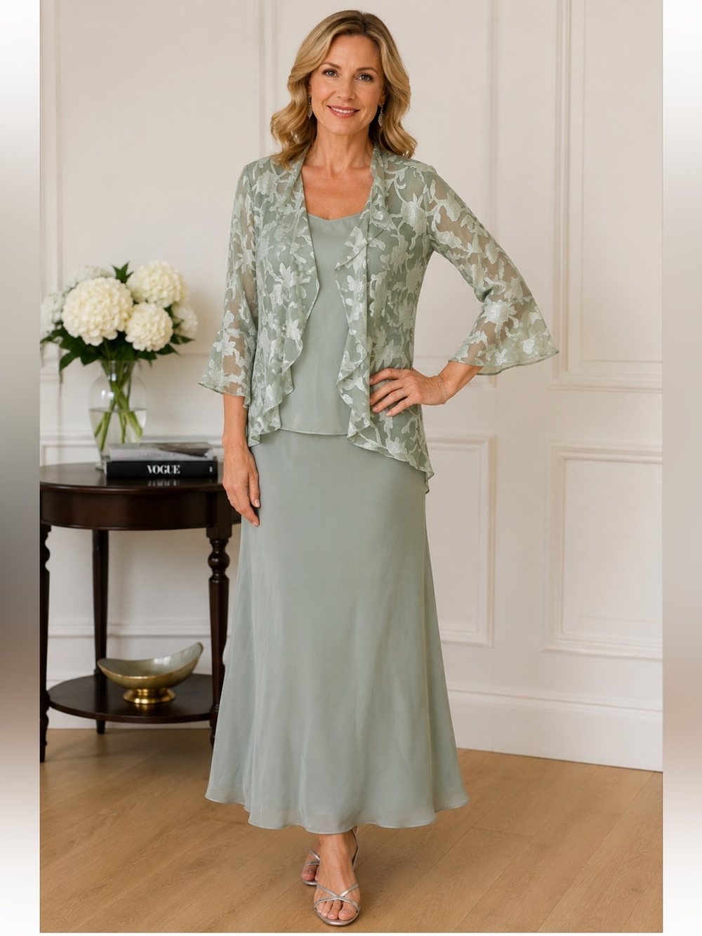 NWT 3 Piece Alex Evenings skirt, blouse and jacket set in a lovely sage green